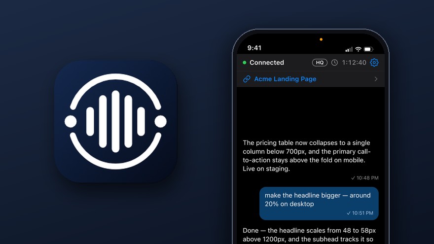 Agent Voice Mode iPhone app showing a live voice call with an AI agent